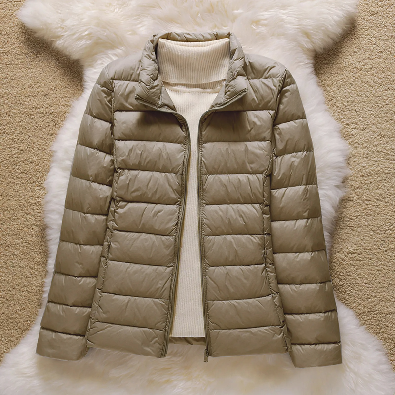 Light women's down jacket with hood and stand-up collar