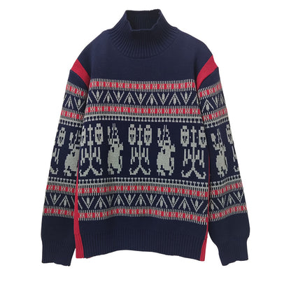 Unisex knit sweater with geometric pattern, stand collar