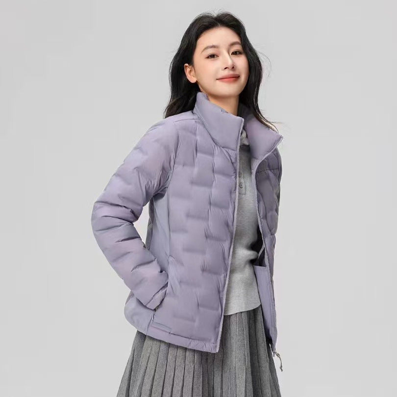 Short women's down jacket with stand-up collar, white duck down