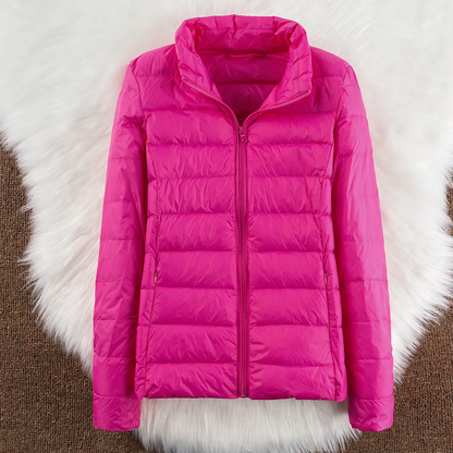 Light women's down jacket with hood and stand-up collar