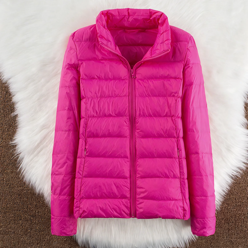 Light women's down jacket with hood and stand-up collar