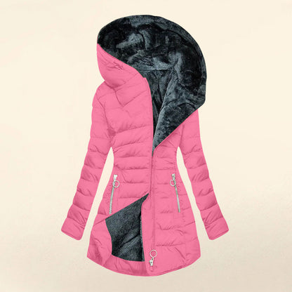 Tailored women's winter coat with hood and faux fur