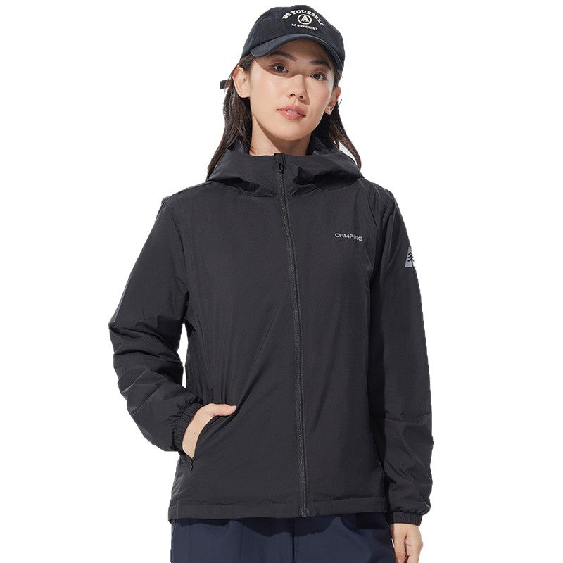 Light women's down jacket, white duck down, hood