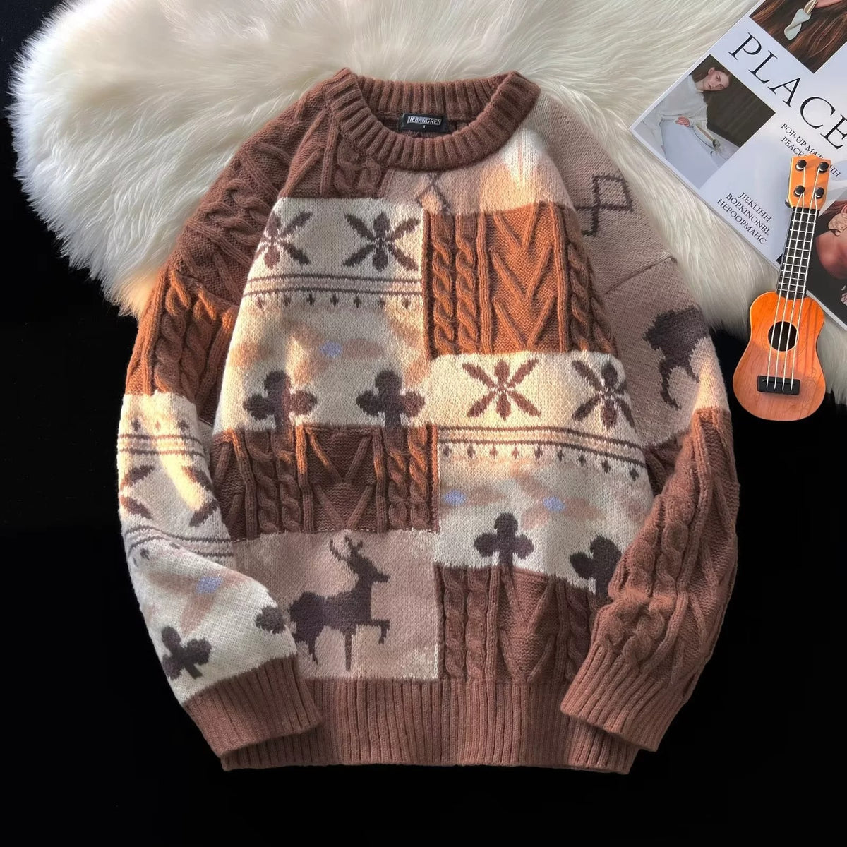 Retro knitted sweater for couples, Christmas cable pattern