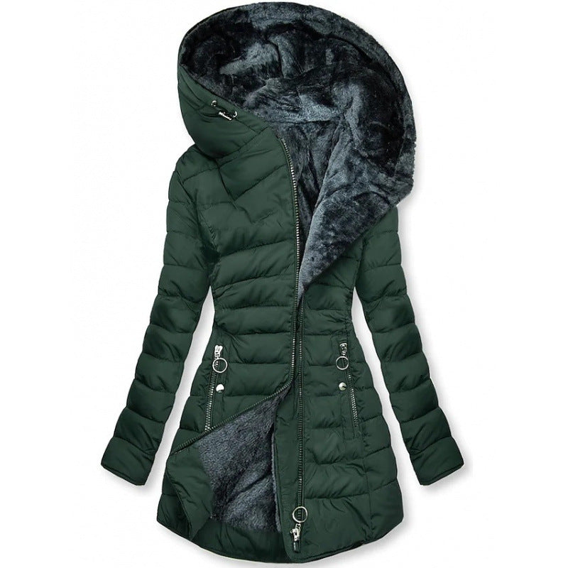 Tailored women's winter coat with hood and faux fur