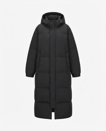 Women’s longer cold blocker puffer coat with walking slit, high closing collar and noise-reducing outer material