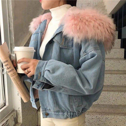 Short denim jacket for women with warm interior lining