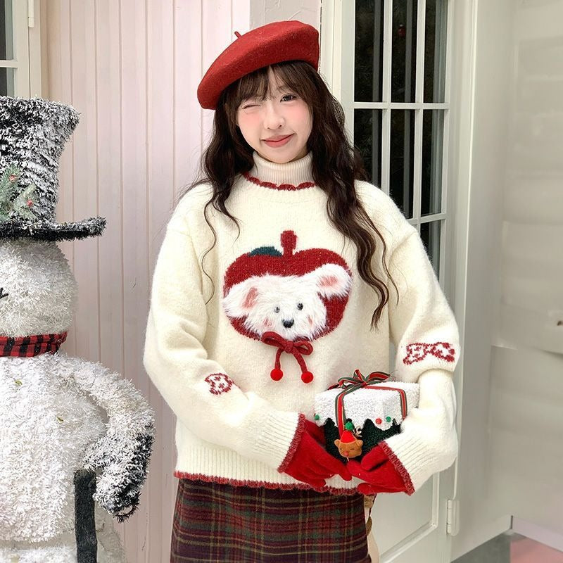 Fluffy knit sweater in contrasting colors