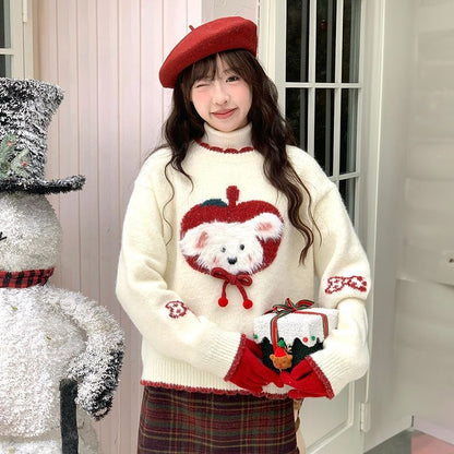 Fluffy knit sweater in contrasting colors