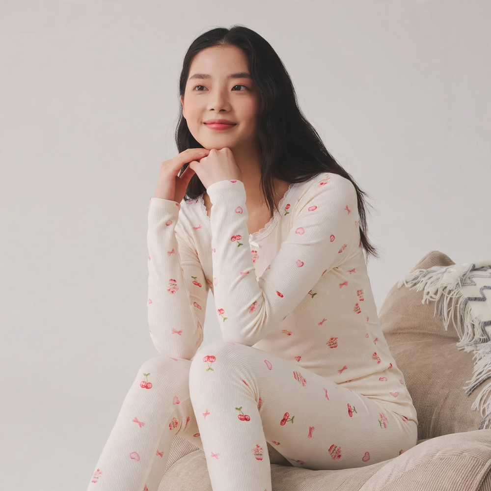 Women's Thermal Set, Cotton, Crew Neck, Printed