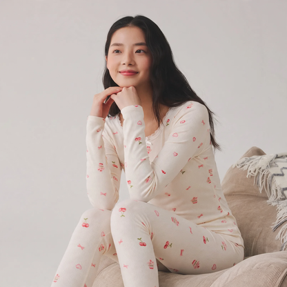 Women's Thermal Set, Cotton, Crew Neck, Printed