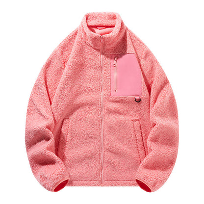 Unisex fleece jacket with stand-up collar and pockets