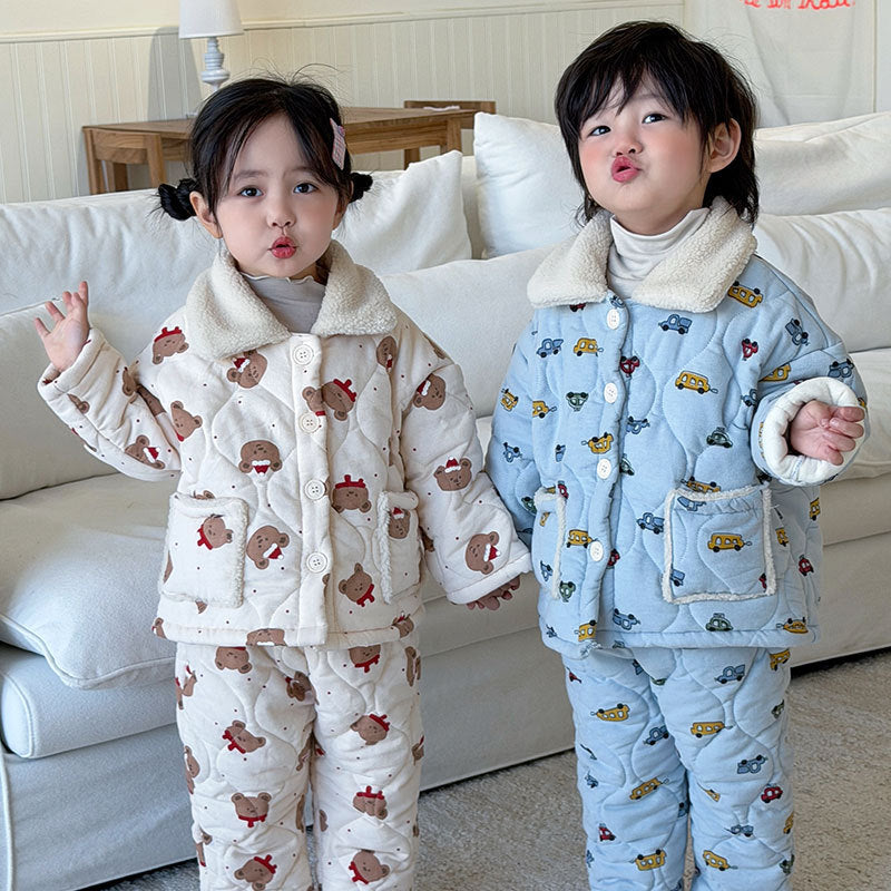 Padded children's pajama set, 3-layer, warm for winter