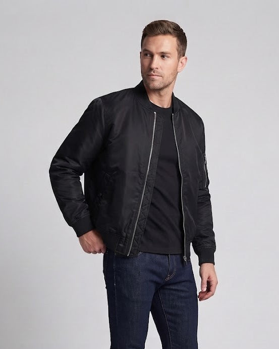 Men's technical nylon flight bomber with padded lining, arm pocket, and elastic ribbed cuffs EVA-US