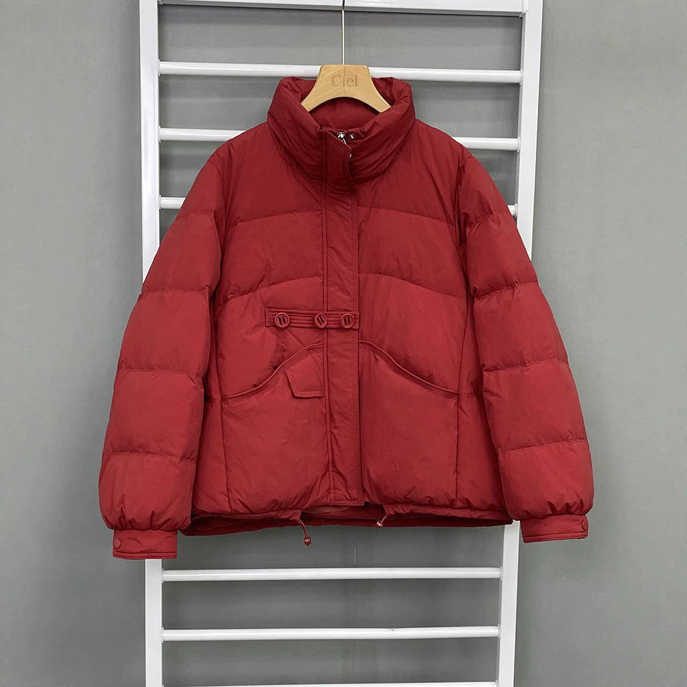 Short women's down jacket, stand-up collar, white duck down