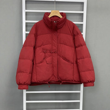 Short women's down jacket, stand-up collar, white duck down