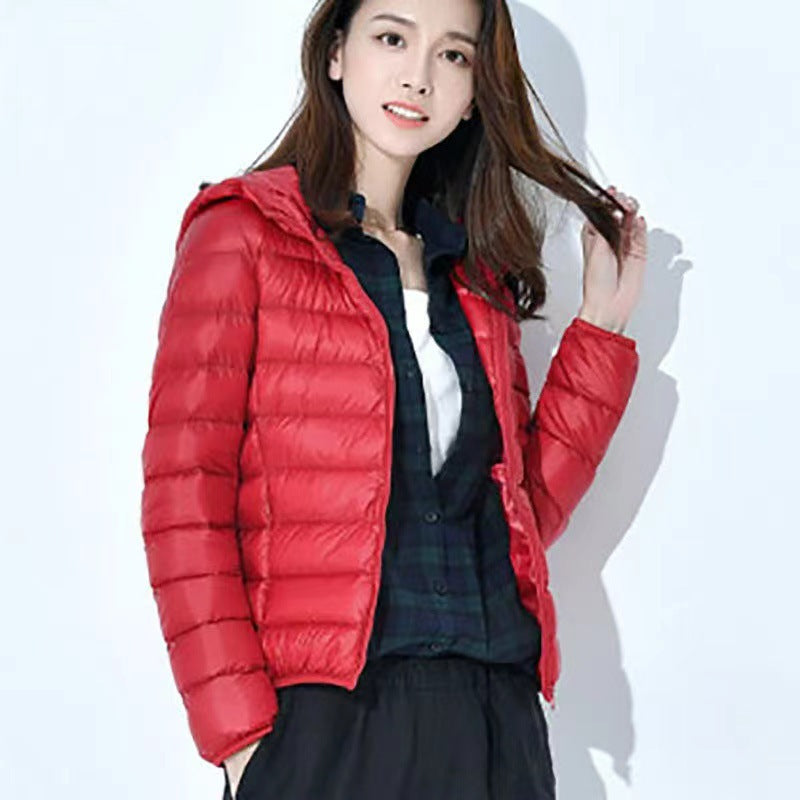 Women's padded jacket, short, fitted, with hood