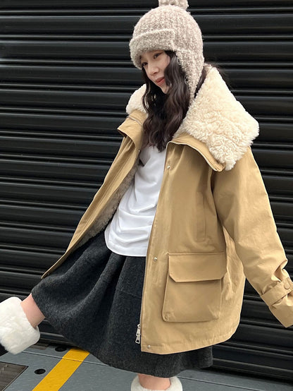 Parka-down jacket with lamb fleece lining