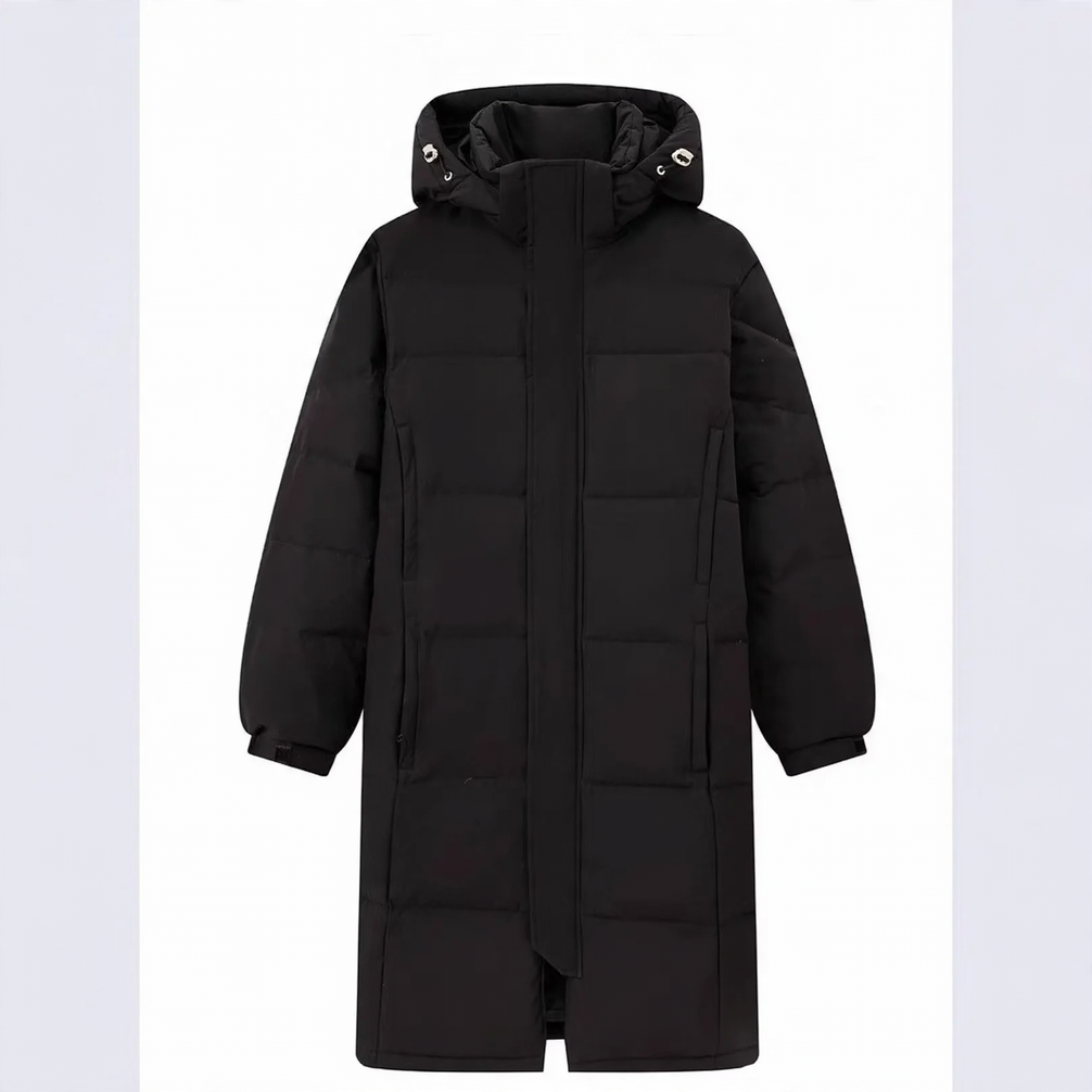 Long women's down coat, knee-length, lined, for winter