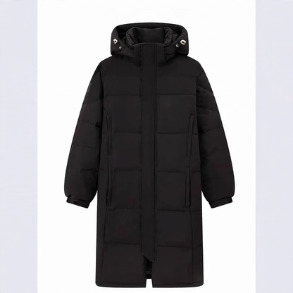 Long women's down coat, knee-length, padded, for winter