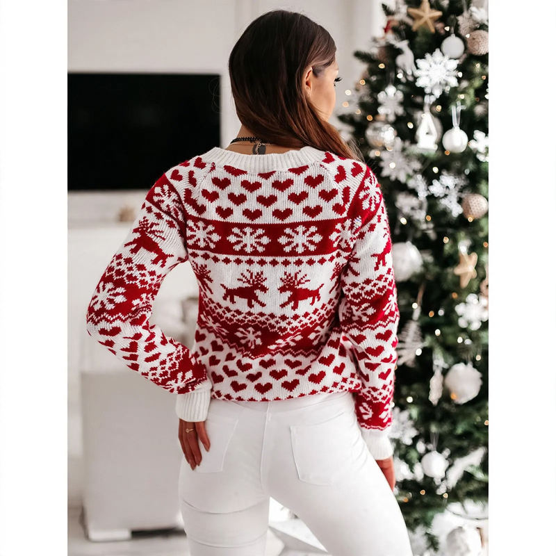 Women's Christmas sweater, reindeer motif, round neckline