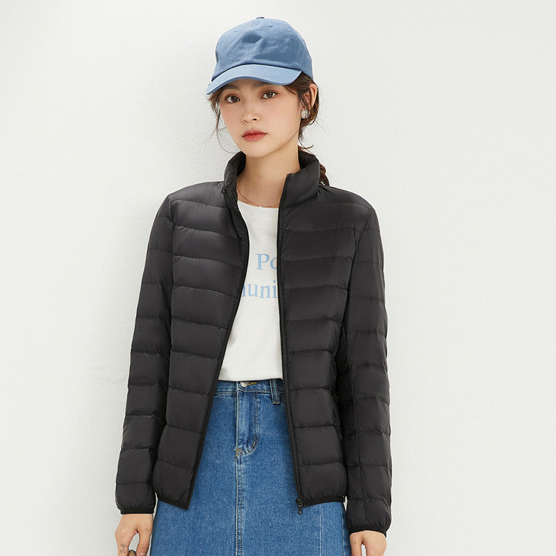 Light women's down jacket with stand-up collar