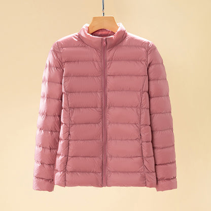 Short women's down jacket with standing collar