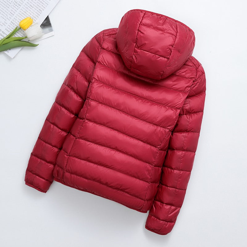 Light women's padded jacket, short, with hood