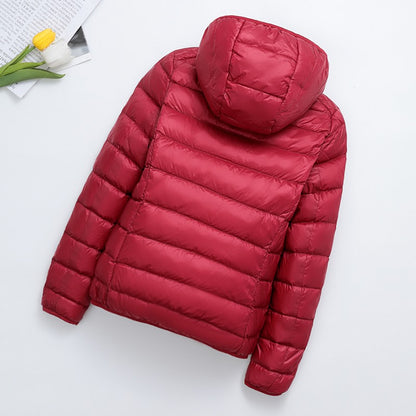 Light women's padded jacket, short, with hood