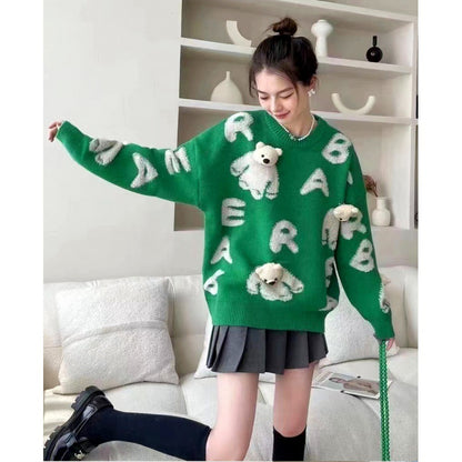 Soft knit sweater with removable bear motif