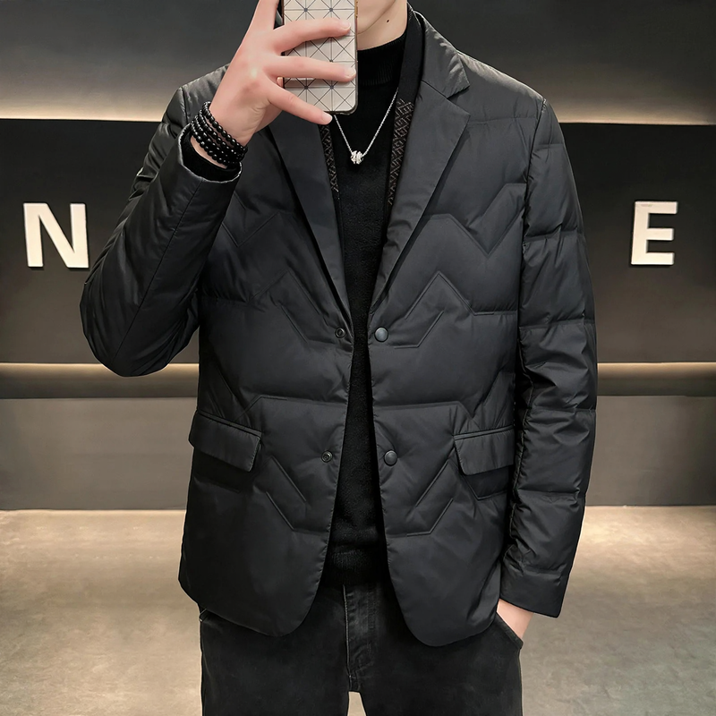 Men's down jacket in blazer style with detachable collar