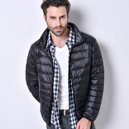 Light men’s down jacket, stand-up collar, slim fit