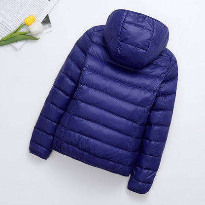 Light women's padded jacket, short, with hood