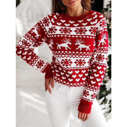 Women's Christmas sweater, reindeer motif, round neckline