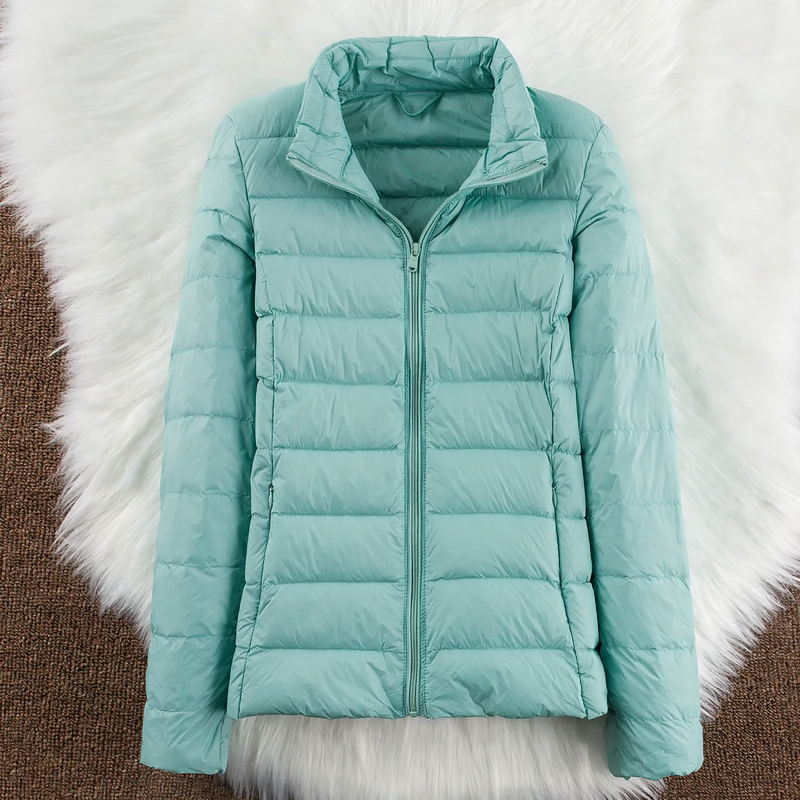 Light women's down jacket with hood and stand-up collar