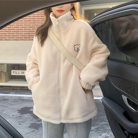 Casual teddy fleece jacket with stand-up collar and bear motif