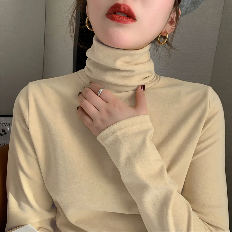 Women's Turtleneck Long Sleeve Shirt with Double-Sided Fleece
