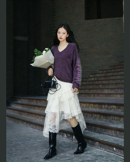 Women's knit sweater made of wool blend with V-neck