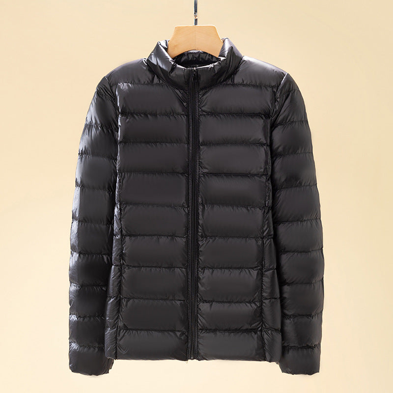 Short women's down jacket with standing collar