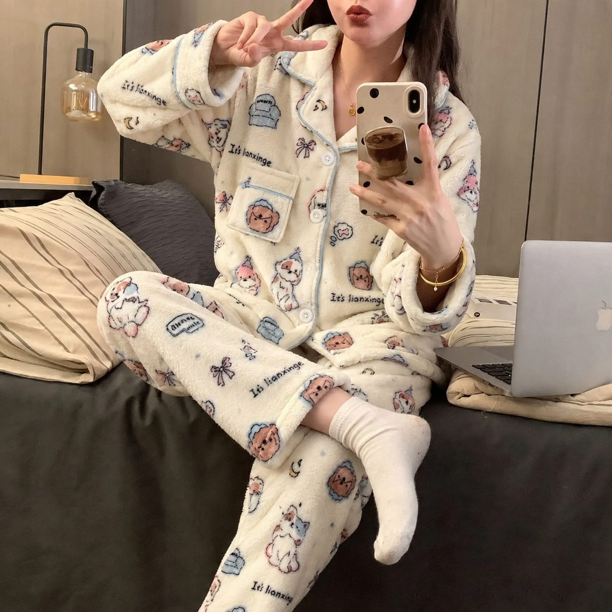Women's flannel pajama set, lined, winter loungewear