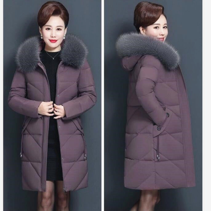 Women's quilted coat, mid-length, with faux fur collar