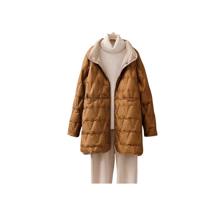 Women's down jacket, reversible, lightweight, mid-length