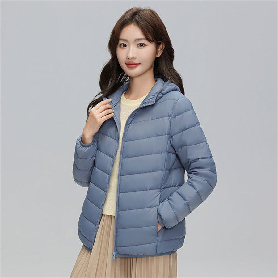 Women's down jacket, short, with hood, light and warm