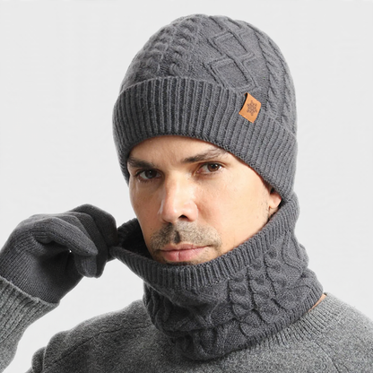 Knit set for men: beanie, scarf, and gloves
