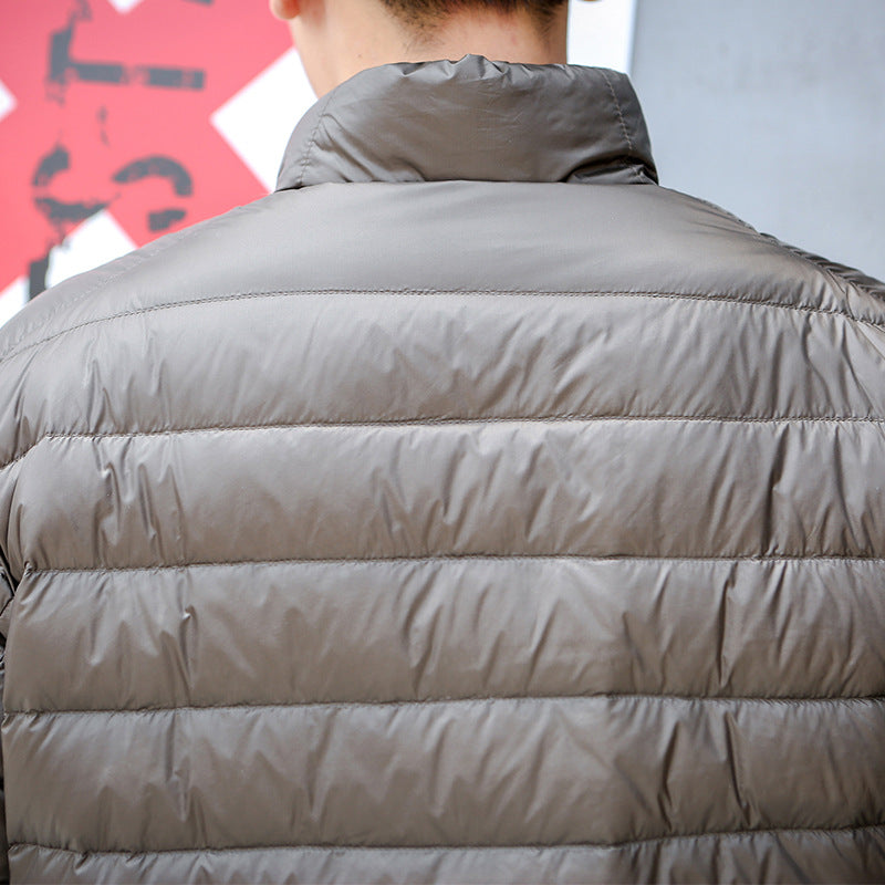Light men’s down jacket, stand-up collar, slim fit