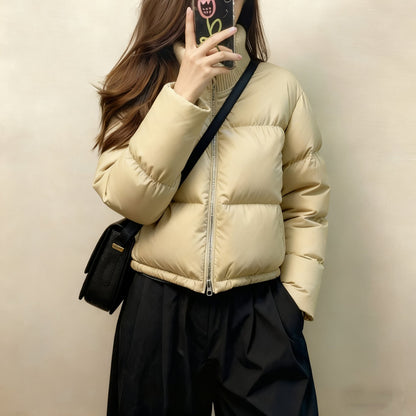 Short women's padded jacket, stand-up collar, padded