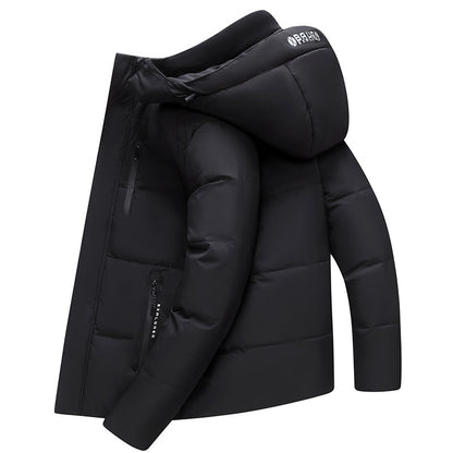 Short men's down jacket with detachable hood