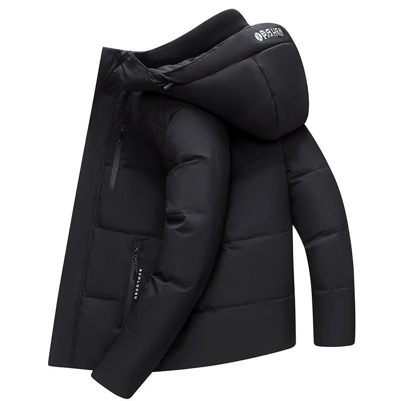 Short men's down jacket with removable hood