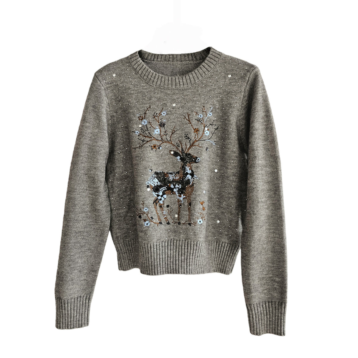 Knitted sweater with reindeer embroidery and sequins