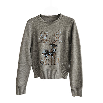 Knitted sweater with reindeer embroidery and sequins